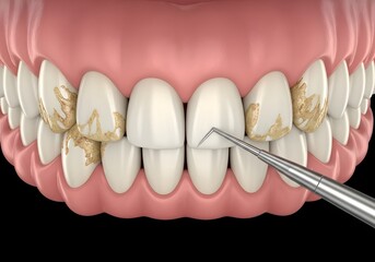 Close up of teeth with plaque being cleaned by a dental instrument on a black background view