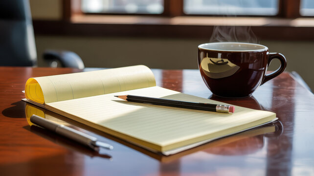 Steaming cup of coffee beside yellow notepad and pencil on office desk