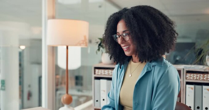 Excited, celebration and woman in office, laptop and success with investment increase. Happy person, financial agency and consultant with pc, profit growth or achievement with promotion or winning