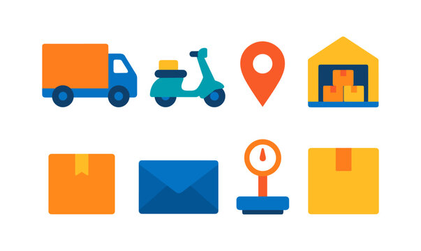 Flat style delivery and logistics icon set with truck, scooter, and package items