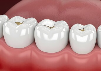 Close up of teeth with fillings and one tooth with a white filling in the mouth cavity view