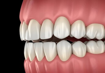 A close up view of teeth and gums with a black background showing the dental anatomy model