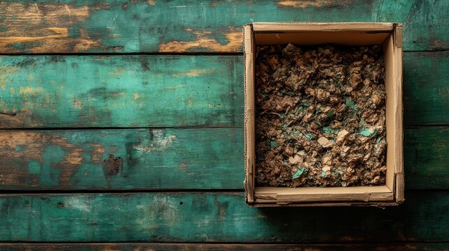 Recycled paper shreds in box on wood, rustic background, packaging