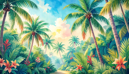 Sunny tropical path with palm trees. Serene beach with vibrant palm trees. Nature scene with palm trees and flowers. Colorful island landscape with palm trees. Beautiful tropical landscape at sunset