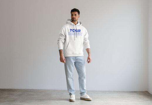 Mockup Of Man Wearing Customizable Hoodie In Studio
