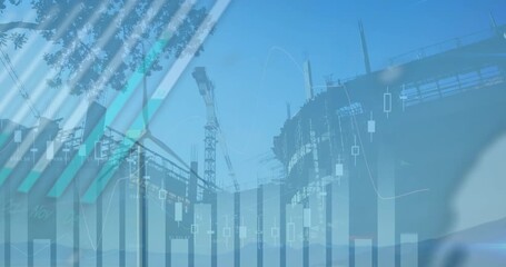 Animation of financial graphs over construction site - Powered by Adobe
