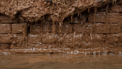 Close up detail of a mud brick wall dissolving after prolonged flooding in a village