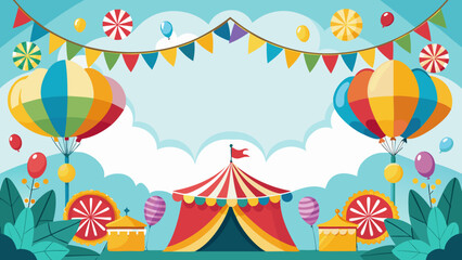 Vector art of colorful carnival background with tent, balloons, and bunting decoration