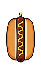 Classic cartoon hotdog with mustard swirls, perfect for menus and playful food designs, evokes summertime fun and delicious cravings, simple and bright illustration