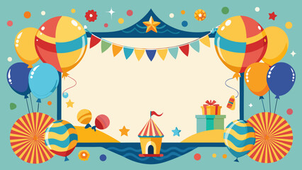 Vector art of festive carnival frame with tent, balloons, bunting, and gift box decoration