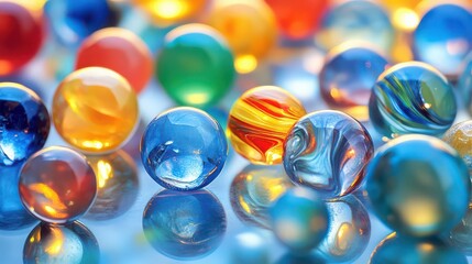 A set of colorful marbles scattered on a transparent surface.