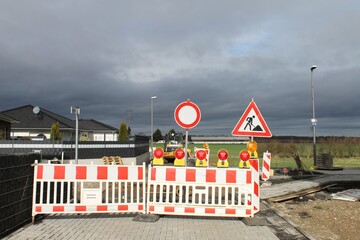 Road closure due to road expansion in the village of 52399 Morschenich-Neu, NRW, Germany, which has been relocated due to open-cast lignite mining, on 22 February 2024