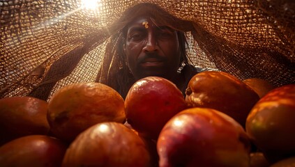 Eye level view of a shopkeeper covering his fruit stall during a heatwave in Hyderabad