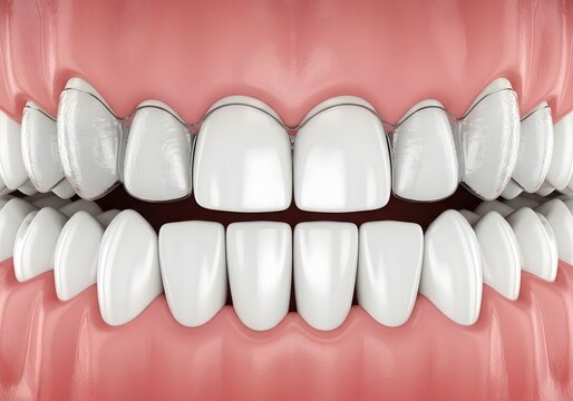 A close up view of a set of teeth with a retainer wire attached to the upper front teeth row view