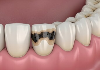 Close up of teeth showing tooth decay with black spots and brown discoloration on one tooth surface