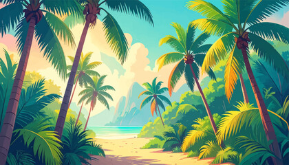 Tropical coastline with palm trees and sand. Bright beach with tropical flowers and palms. Stunning tropical beach. Tranquil beach with vivid sunset colors. Idyllic island scene with palm trees, ocean