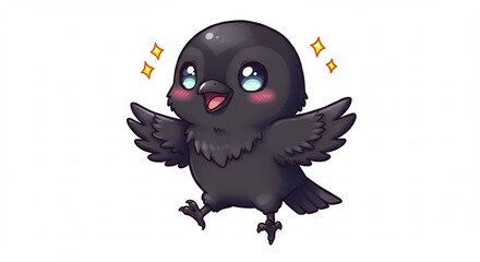 輝く瞳 可愛いカラス 愛らしい姿 羽根広げ飛び立つ. AI Generated