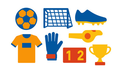 Colorful soccer elements set featuring equipment and symbols