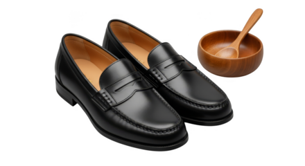 Elegant black shoes beside wooden bowl