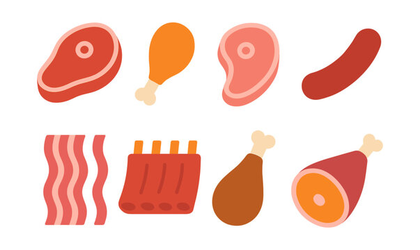 Assorted meat icons set: flat design concept of various meat cuts