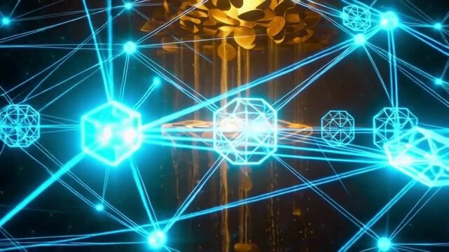 Abstract golden coins dissolving into glowing digital particles with cinematic transition into neon blockchain network