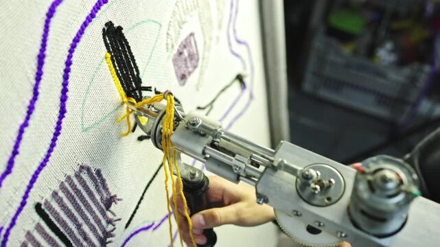 Craftswoman weaving carpet with tufting machine 