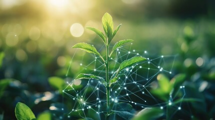 Sunrise sprout with connected network, vibrant field