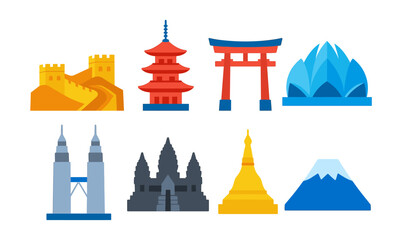 Colorful icons of asian landmarks and cultural symbols