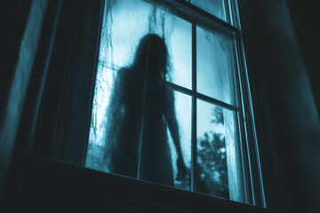 Fototapeta premium ghost silhouette in bedroom window at night horror scene