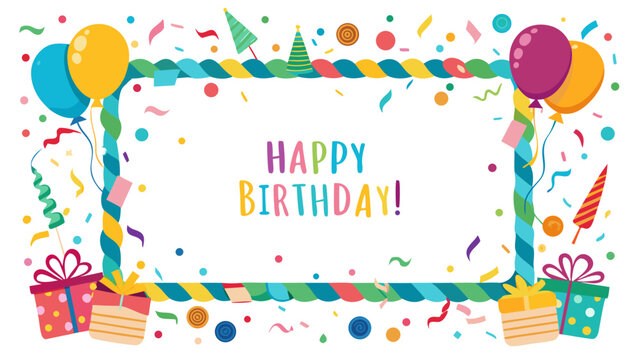 Vector art of happy birthday frame with balloons, gifts, and confetti, perfect for celebration card design and party invitation - Powered by Adobe
