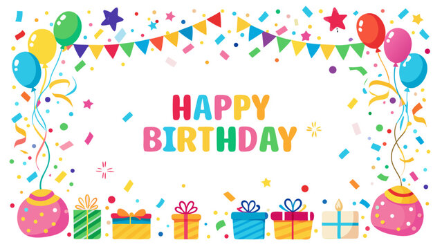 Vector art of happy birthday frame with balloons, gifts, and confetti, perfect for celebration card design and party invitation