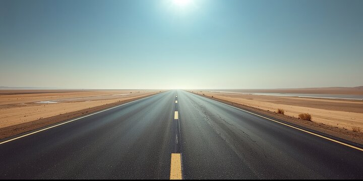 Wide angle view of a heat haze mirage on a desert highway in Rajasthan India