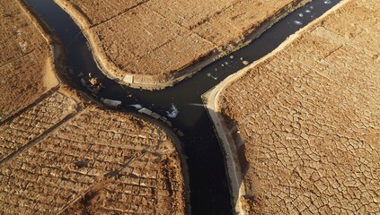 Aerial view of a series of empty irrigation canals snaking through dry fields