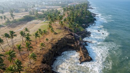 Aerial view of a coastal area eroded by rising sea levels and powerful waves