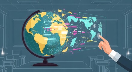 Digital Globe Transformation to Interactive Holographic World Map with Data Points. Hand Interacting with Global Connectivity & Future Education.