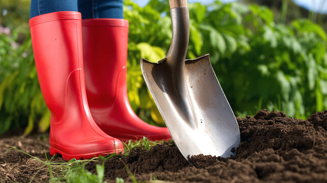 Gardener in red boots prepares soil with shovel, ready for planting vibrant spring flowers outdoors