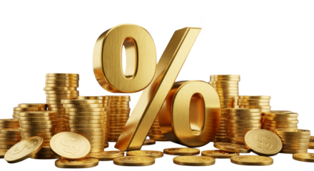 Golden percentage symbol surrounded by piles of coins