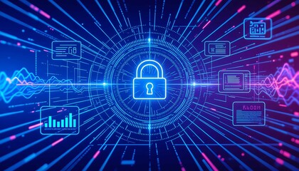 Obraz premium Futuristic digital network with glowing blue icons, encrypted communication system