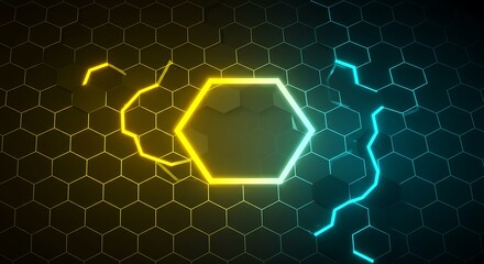 Futuristic technology concept with a central glowing hexagonal core connecting a digital network with luminous energy streams on a dark grid