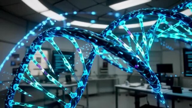Rotating DNA strand shimmering in neon blue and violet light - Powered by Adobe