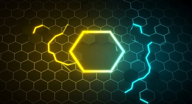 Futuristic technology concept with a central glowing hexagonal core connecting a digital network with luminous energy streams on a dark grid