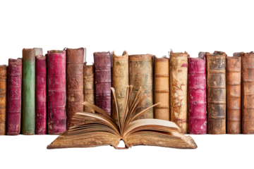 Row of Aged Leather Bound Books with Open Book in the Center Against Black Background