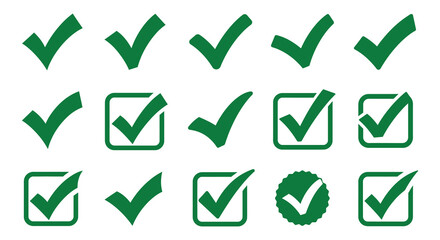 Green checkmark icons in various styles on a white background © nhpvect02