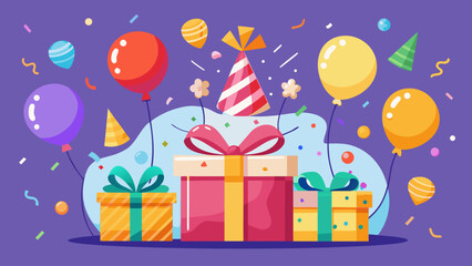 Vector art of a vibrant birthday celebration with gifts, balloons, and party hats, perfect for a fun and festive occasion with colorful decorations