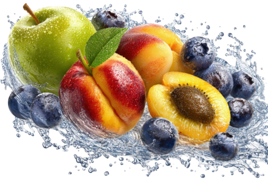 Green Apple Peaches Blueberries Water Splash Fresh Fruit