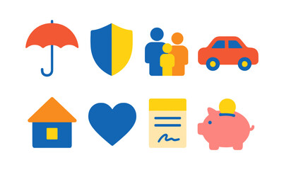 Colorful insurance icons: umbrella, shield, family, and more in flat design
