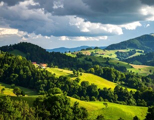 Naklejka premium Rolling hills and forests under dramatic clouds