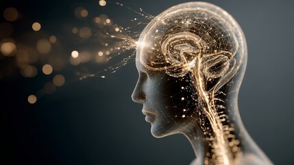 A translucent human head with glowing neural connections, symbolizing advanced technology and brain function.