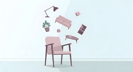Minimalist home interior with floating furniture elements around an armchair, design concept illustration
