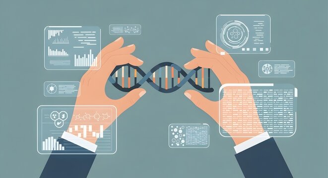 Hands holding DNA double helix surrounded by futuristic data interfaces. Genetic research and biotechnology concept.
